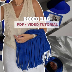 Samouczek robienia na szydełku torby rodeo z frędzlami, wzór PDF i film (po francusku i angielsku), wzór na torbę boho, torebka w stylu western DIY z włóczki T-shirt