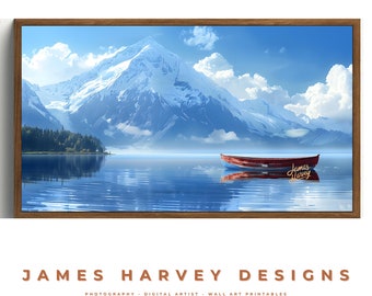 Frame TV Art | Snowy Mountains & Mirror Lake With Boat | Samsung TV  Art | Wall Art | Digital Download  | Flat Screen TV Art | Printable Art