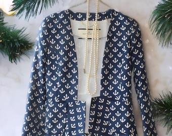Vintage Silk Anchor Print Cropped Blazer - By Malene Birger, Womens Real Silk Outwear