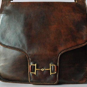 Very Rare Céline Vintage Bag, Antique Leather Bag, Collector’s Céline Old 1970s Leather Sac, Brown Patina Hard Structure Bag with Horsebit
