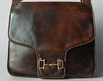 Very Rare Céline Vintage Bag, Antique Leather Bag, Collector’s Céline Old 1970s Leather Sac, Brown Patina Hard Structure Bag with Horsebit
