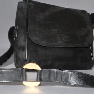 Bolsa BALLY Vintage, Bolsa Crossbody de Couro Camurça, Bolsa Messender Preta com Alça, Bolsa de Couro Genuíno, Coordenadas Bally com Fecho Magnético