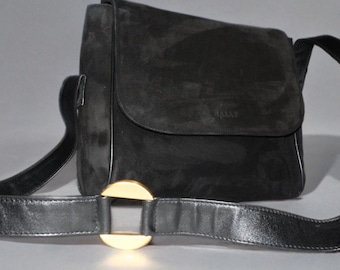 Vintage BALLY Bag, Suede Leather Crossbody Bag, Black Messender Bag with Strap, Genuine Leather Purse, Bally Coordinates with Magnet Lock