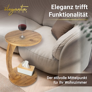 Chic ēlegantia home side table in a practical C shape with wheels Sofa table in a beautiful walnut wood look Table for sofa, couch or bed image 2