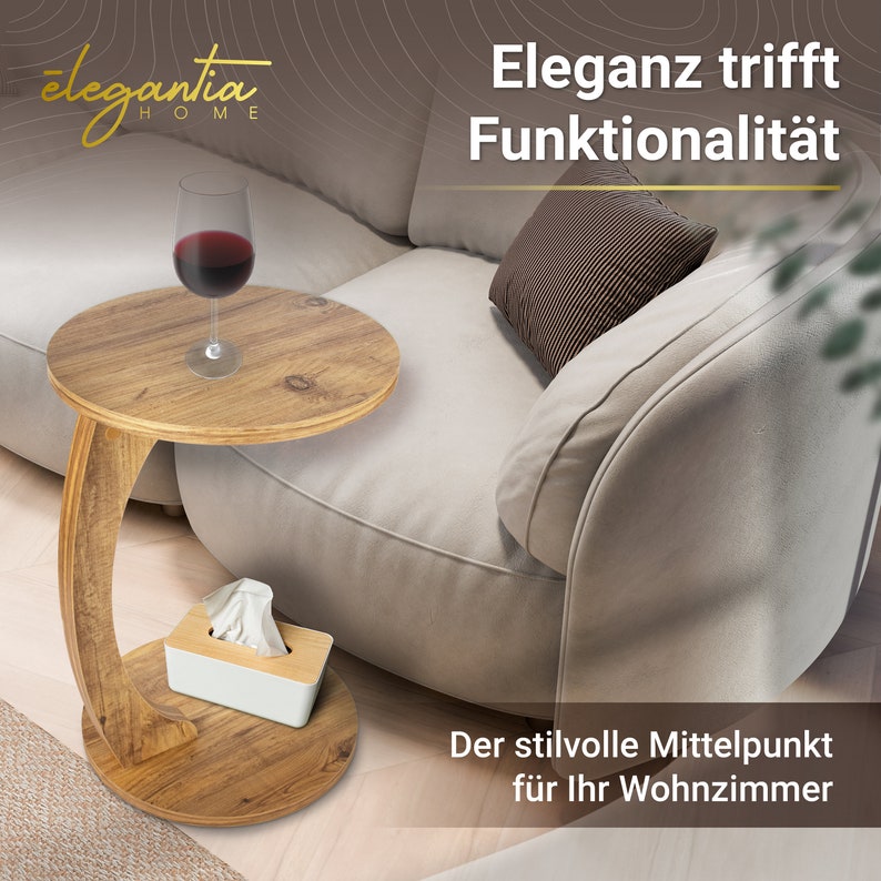 Chic ēlegantia home side table in a practical C shape with wheels Sofa table in a beautiful walnut wood look Table for sofa, couch or bed image 2