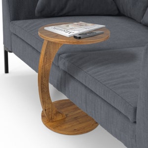 Chic ēlegantia home side table in a practical C shape with wheels Sofa table in a beautiful walnut wood look Table for sofa, couch or bed image 1