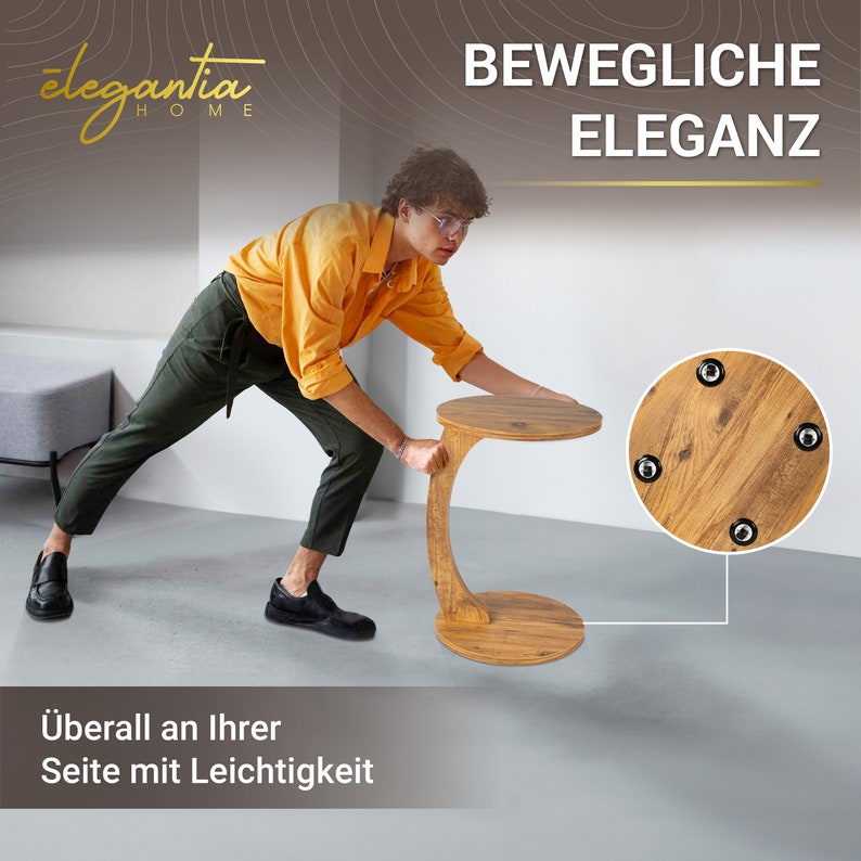 Chicer ēlegantia-Home-Beistelltisch in praktischer C Form mit Rollen Sofatisch in schöner Nussbaum-Holzoptik Tisch für Sofa,Couch oder Bett Bild 3