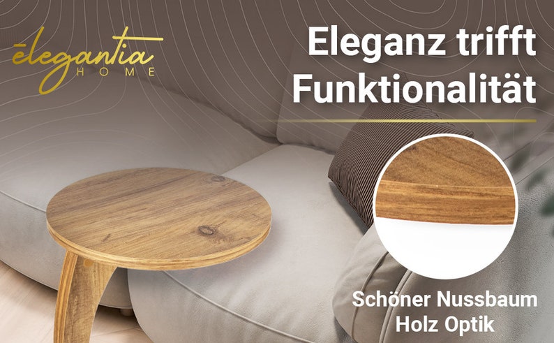 Chic ēlegantia home side table in a practical C shape with wheels Sofa table in a beautiful walnut wood look Table for sofa, couch or bed image 9