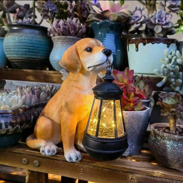 21cm Height Solar Powered Small Dog Statue For Garden, Patio, Balcony Decoration Made Of Resin