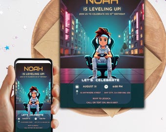 Invitation d'anniversaire de jeu vidéo, invitation à une fête de niveau supérieur, joueur d'arcade (téléchargement numérique)