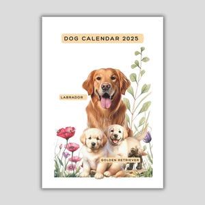 Printable Dog Calendar 2025, Labrador, Golden Retriever,  Yearly Dog Calendar, Family Calendar 2025, Puppy Dog Calendar 2025, Dog Owner Gift