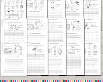 Könnte beinhalten: Schwarzweißes druckbares Arbeitsbuch für Kinder, um das Schreiben von Groß- und Kleinbuchstaben des Alphabets zu üben. Jede Seite zeigt einen anderen Buchstaben, ein Tier und ein Bild zum Ausmalen. Das Arbeitsbuch umfasst 53 Seiten, einschließlich eines Deckblatts.