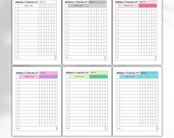 May include: Six printable weekly checklist templates in different colors: gray, pink, light green, blue, and light purple. Each template has a section for the week number, name of task, and a grid for marking off days of the week. The text at the bottom of the image reads "WEEKLY CHECKLIST - PDF DOWNLOAD & PRINT - SIZES: A4/A5/LETTER".