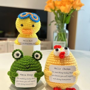 Emotional Support Animals Frog/Duck/Chicken Positive Crochet Animals Handmade Crochet Gift Birthday Gifts Desk Buddy Cheer Up Gift.
