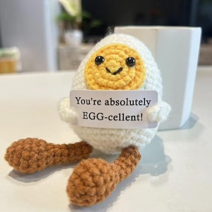 Puede incluir: Un juguete de ganchillo con forma de huevo con una cara sonriente y una yema de huevo amarilla. El juguete sostiene un cartel que dice "You're absolutely EGG-cellent!"