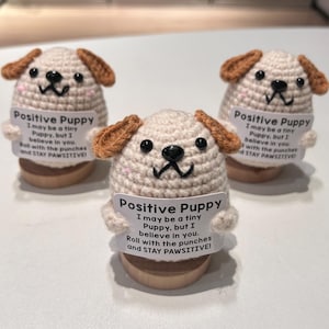 Può includere: Tre figurine di cucciolo all'uncinetto con orecchie marroni e occhi neri. Ogni figurina tiene un cartello con il testo "Positive Puppy. I may be a tiny Puppy, but I believe in you. Roll with the punches and STAY PAWSITIVE!"