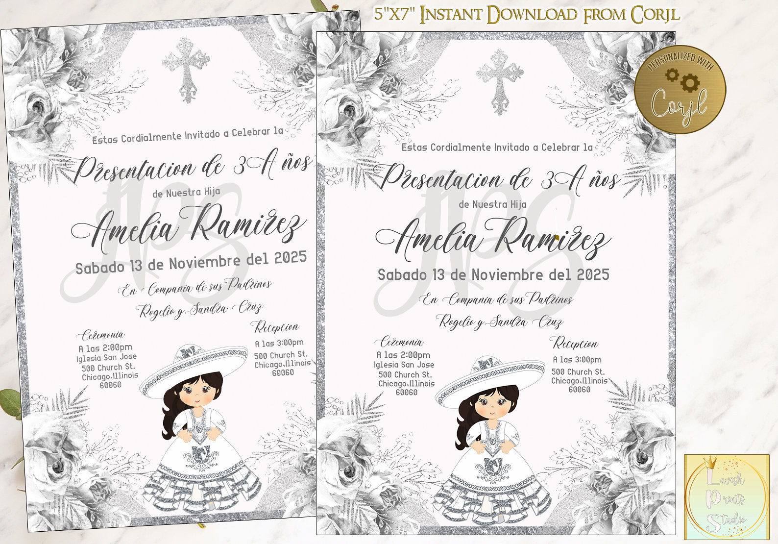 Editable Presentacion Invitation, Tres Años Party Invites, Silver ...