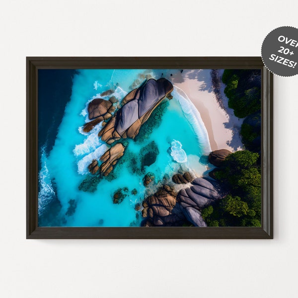 Anse Lazio Beach Seychelles, Beach Digital Print Download, Aerial Ocean Print, Modern Coastal Printable, Wall Art, Prints, Wall Decor