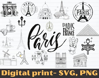 Paris Landmarks SVG Cut File | Eiffel Tower, Moulin Rouge (Digital Download)