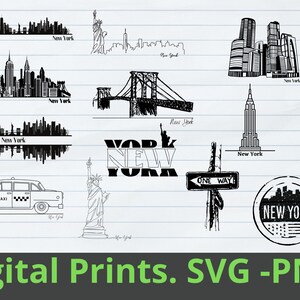 K&ouml;nnte beinhalten: Sammlung von schwarz-wei&szlig;en Digitaldrucken mit ber&uuml;hmten Wahrzeichen von New York City. Enth&auml;lt die Freiheitsstatue, das Empire State Building, ein Taxi und Stadtansichten. Der Text "Digital Prints. SVG - PNG" befindet sich unten.