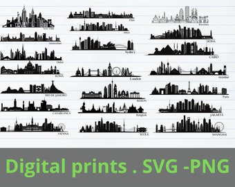 Stadt Skylines SVG PNG Bundle | Europa Skyline der Stadt | Kommerzielle Nutzung | Asiatische Stadt Sofortiger Download Design für Cricut oder Silhouette