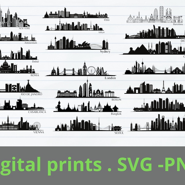 Célèbre City Skylines SVG PNG Bundle | Europe City Skyline Svg | Utilisation commerciale | Conception de téléchargement instantané Asian City pour cricut ou silhouette