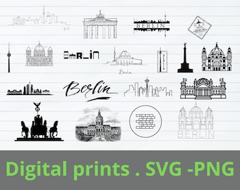 Può includere: Un set di 14 illustrazioni in bianco e nero di monumenti di Berlino, tra cui la Porta di Brandeburgo, l'edificio del Reichstag e il Muro di Berlino. Le illustrazioni sono in uno stile semplice e minimalista e sarebbero perfette per l'uso in una brochure di viaggio o un sito web.