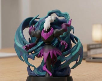 May include: A detailed figurine of a character with a dark color scheme, featuring a black base, a purple and black body, and a white head. The figure is surrounded by swirling teal and blue energy effects, creating a dynamic pose.