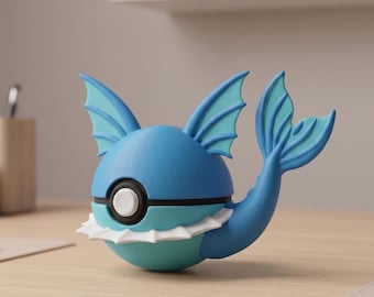 May include: A blue and teal figurine of a Vaporeon, a Pokémon character. The figurine has a round body, a white frill, and a long tail. The figurine is on a wooden surface.