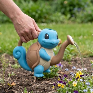 May include: A blue and brown Squirtle-shaped watering can, with water pouring from the spout. The watering can is held over a flower bed with colorful flowers. The can has a blue body, brown shell, and a brown spout.