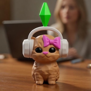 Puede incluir: Una figura de gato marrón con un lazo rosa, auriculares blancos y un logotipo verde en forma de diamante. El gato está sobre una mesa de madera. Un portátil y una persona están en el fondo.