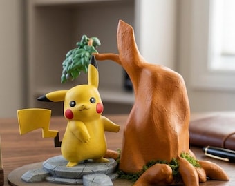 May include: A yellow Pikachu figurine with red cheeks and a lightning bolt tail stands next to a brown tree sculpture. A Pikachu trading card is displayed in a wooden holder. The card features a Pikachu illustration.