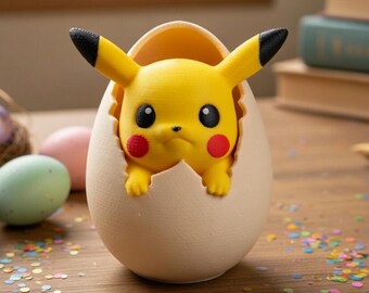 May include: A yellow Pikachu figure with black-tipped ears and red cheeks emerging from a cracked, off-white egg shell. The character has black eyes and a small nose, with its front paws resting on the edge of the textured egg casing.