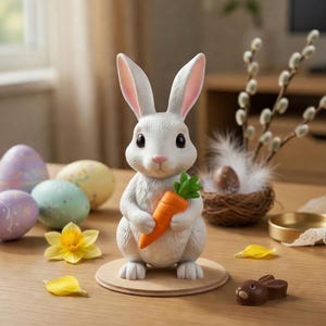 May include: A white bunny figurine holding a carrot, surrounded by pastel Easter eggs, a yellow daffodil, and a chocolate bunny. A small nest with an egg and pussy willow branches are in the background. The bunny is on a wooden base.