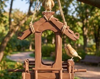 May include: A brown wooden bird feeder with a roof, hanging from a tree branch. Two small bird figurines perch on the feeder. The feeder has a bench-like structure at the bottom.