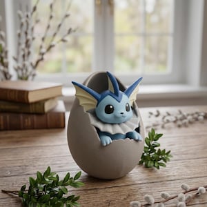 May include: A blue and white cartoon character emerges from a gray egg-shaped container. The character has large ears and a frilly collar. The egg is on a wooden surface, with greenery and books in the background.