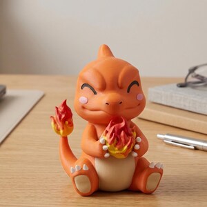 May include: An orange figurine of a cartoon character with a flame on its tail and holding a flame in its hands. The figurine has a cream-colored belly and pink cheeks. The character is sitting down with a happy expression.