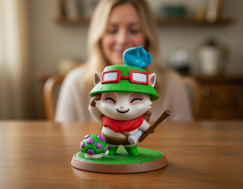 May include: A figurine of a cartoon character with a green hat, red goggles, and a red scarf. The character is holding a wooden staff and standing on a green base with a mushroom. The figurine is on a wooden table.