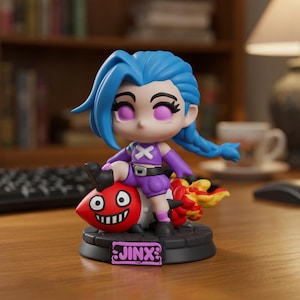 May include: A figurine of a character with blue hair, wearing a purple outfit, and black boots. The figure is seated on a red bomb with a smiling face. The base of the figurine has the word "JINX" in pink.