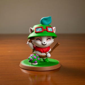 May include: A figurine of a character with white fur, a green hat, and red-framed glasses. The character is holding a wooden staff and standing on a green base with a mushroom. The figurine has a red scarf and a brown belt.