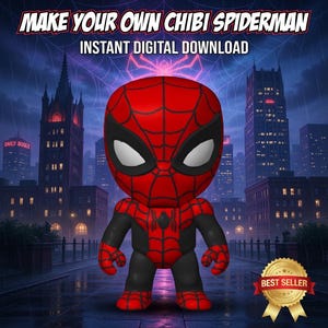 May include: A chibi-style Spider-Man figure in a cityscape setting. The figure is predominantly red and black, with white eyes and a spiderweb design. Text reads "MAKE YOUR OWN CHIBI SPIDERMAN" and "INSTANT DIGITAL DOWNLOAD."