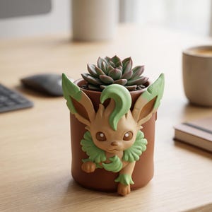 May include: A brown ceramic planter featuring a cartoon character design with green accents, holding a succulent plant. The planter has a detailed face and leaf-like features. The succulent has green and reddish-brown leaves.