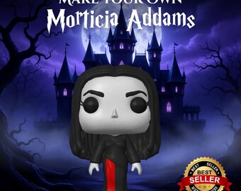 May include: A Morticia Addams Funko Pop figure stands in front of a spooky castle backdrop. The figure has a black dress with a red stripe, black hair, and a pale face. The text "MAKE YOUR OWN Morticia Addams" is at the top.