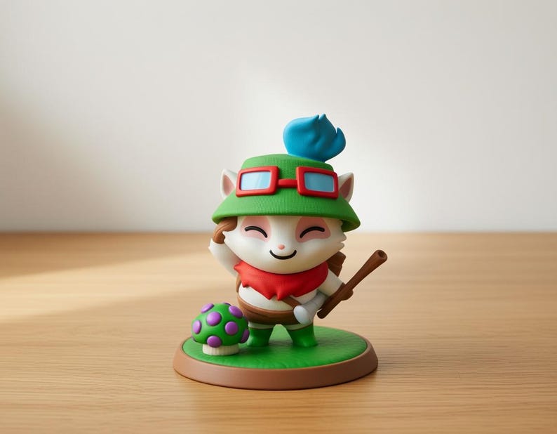 May include: A figurine of a cartoon character with a green hat, red goggles, and a red scarf. The character is holding a wooden stick and standing on a green base with a mushroom. The figurine is on a wooden surface.
