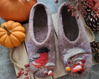 Handmade eco organic wool felted slippers handcrafted cozy warm Bullfinch bird winter shoes for toddlers Christmas gift baby shower birthday