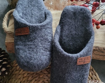 Grey Felted Wool Slippers, Handmade Eco wool Shoes with Leather Sole, gift for Mom