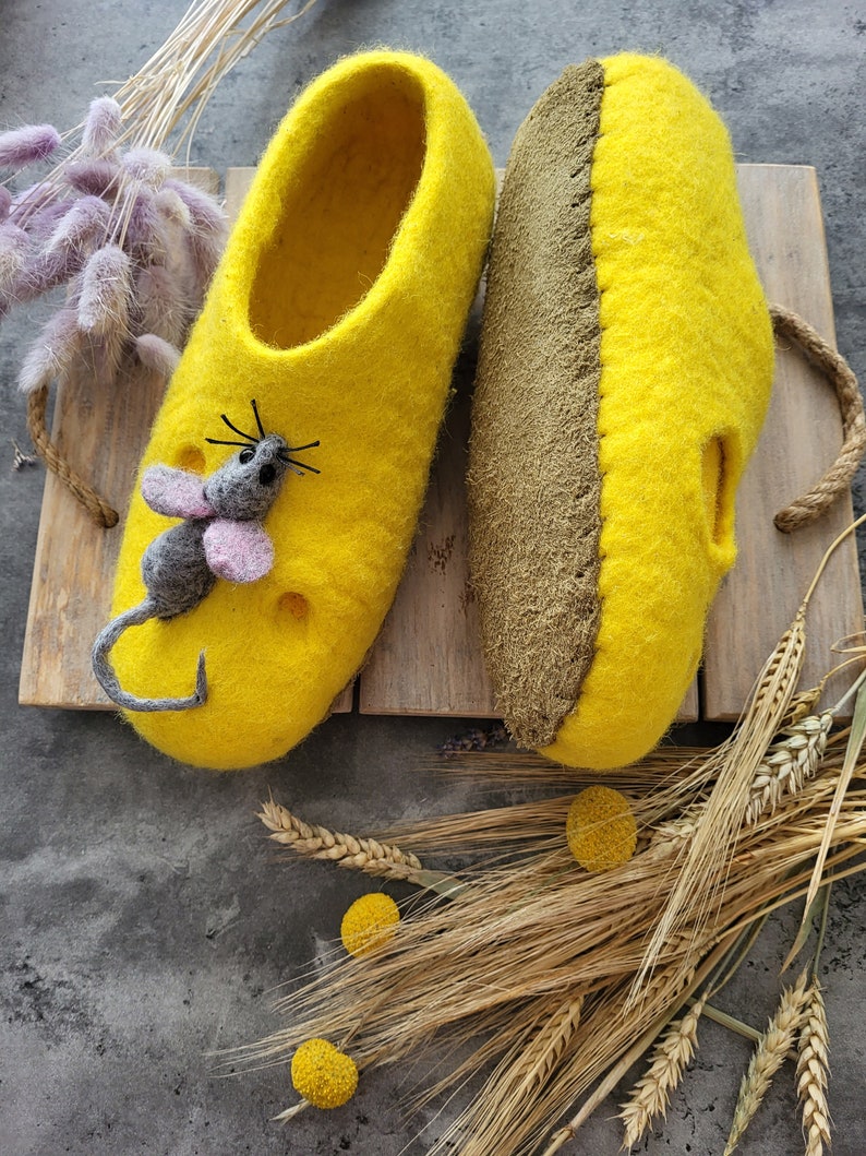 Handmade eco organic wool felted slippers handcrafted cozy warm yellow funny winter shoes for toddlers Christmas gift, baby shower birthday image 10