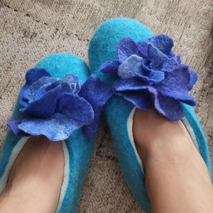 Blue Organic eco wool handmade felted slippers warm handcrafted shoes with flowers housewarming Christmas wedding retirement gift