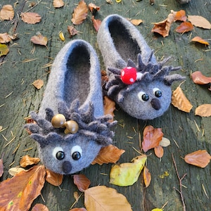 Handmade Felted Wool Hedgehog Slippers, Leather Sole, Warm shoes