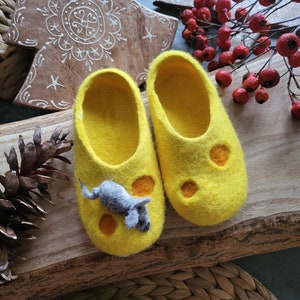 Handmade eco organic wool felted slippers handcrafted cozy warm yellow funny winter shoes for toddlers Christmas gift, baby shower birthday image 2